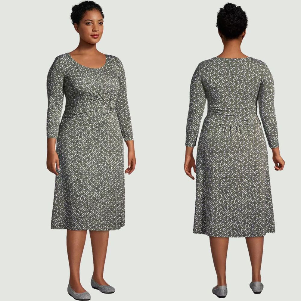 Lands End Twist Front Fit & Flare Dress 3X Green Paisley Tencel Stretch Jersey
